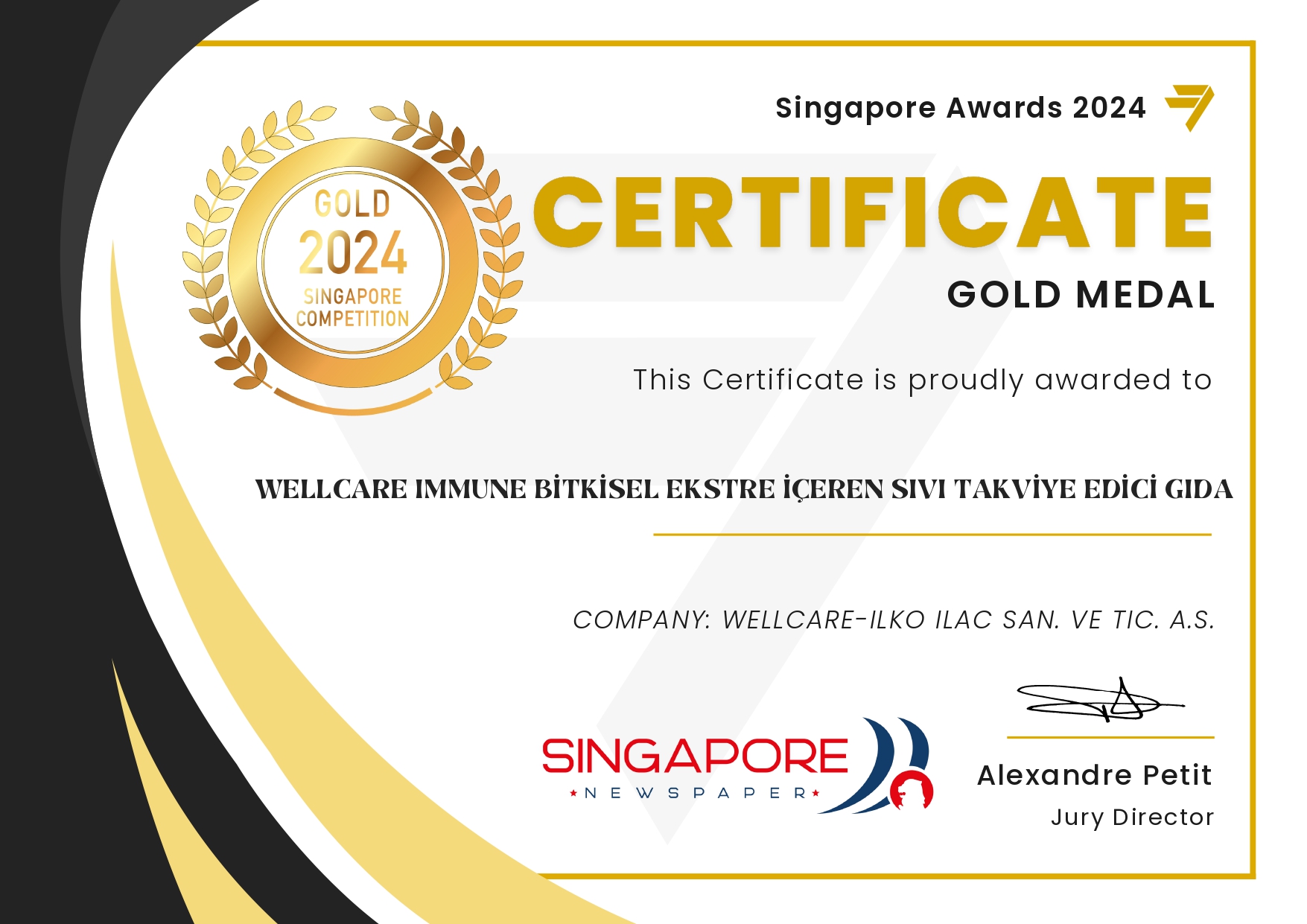 2024 Singapore Awards Certificate Gold Medal Wellcare Immune Bitkisel Ekstre İçeren Sıvı Takviye Edici Gıda