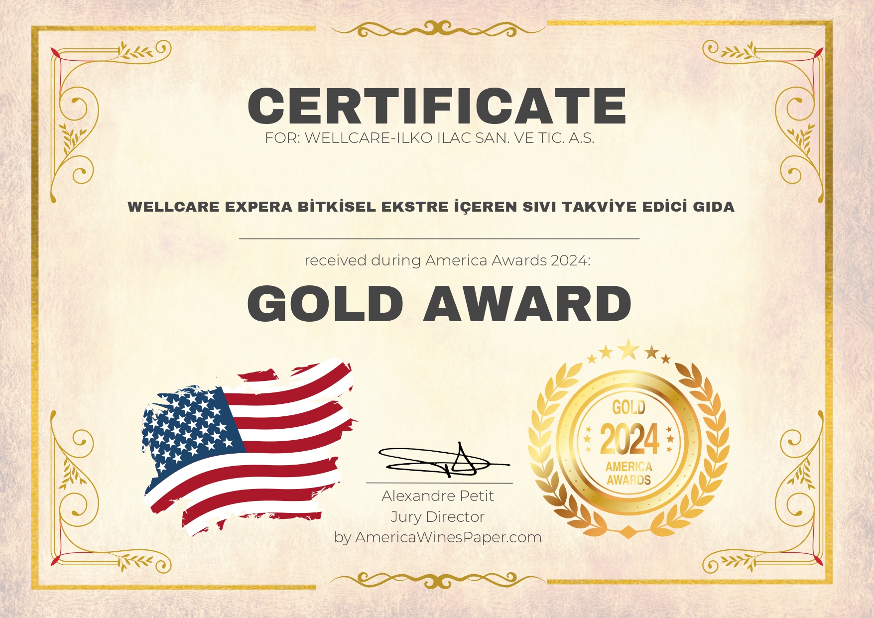 2024 America Awards Gold Medal Wellcare Expera Bitkisel Ekstre İçeren Sıvı Takviye Edici Gıda